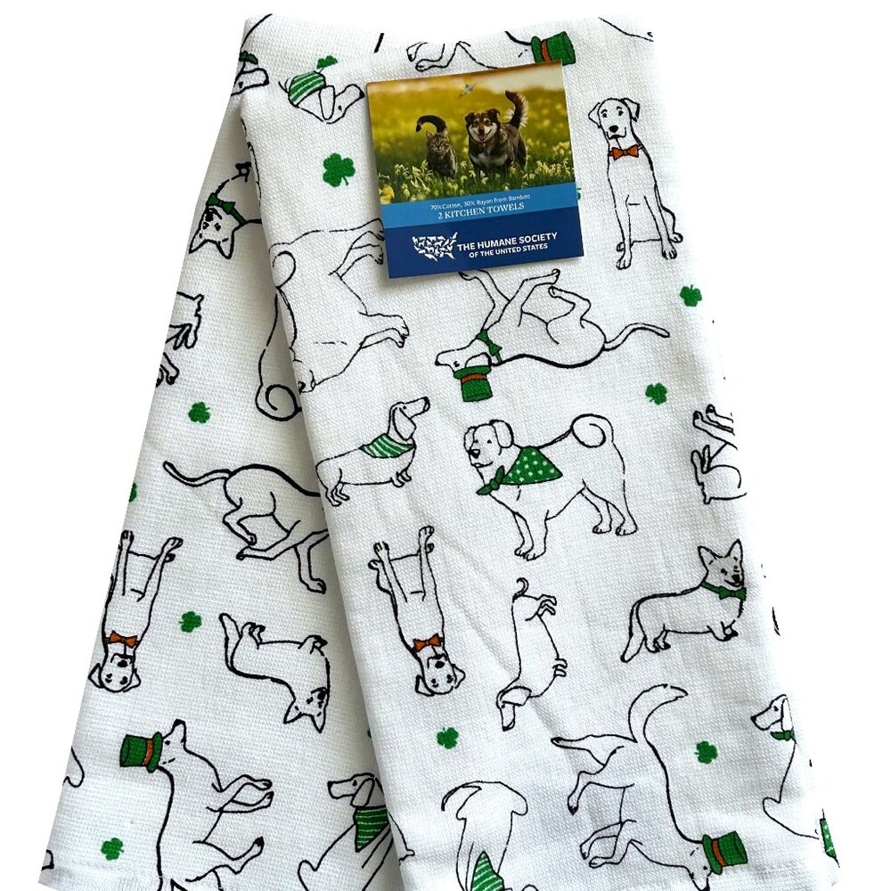 Humane Society  2 Pc Kitchen Towel Set St. Patrick's Day Dogs Cotton Blend